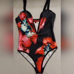WOW couture Black Bodysuit with Red & Blue Floral Print